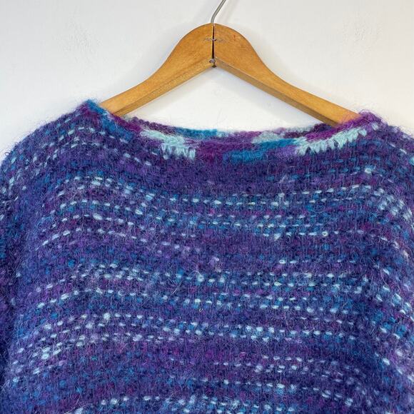 Vintage Handmade Wool Mohair Fuzzy Wide Sleeve Short Sweater Top Blue Purple - Picture 2 of 9